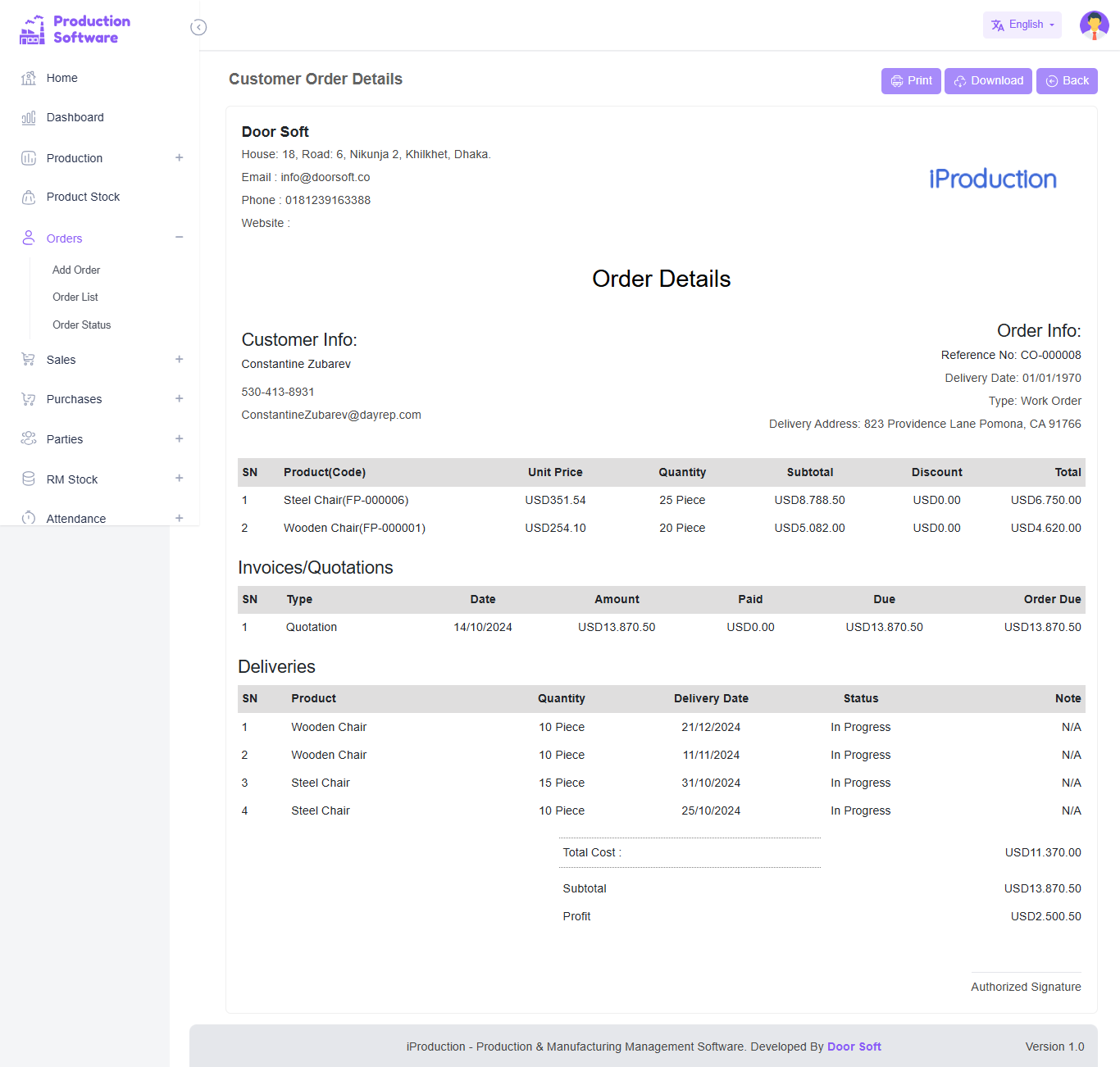 Customer Order Details
